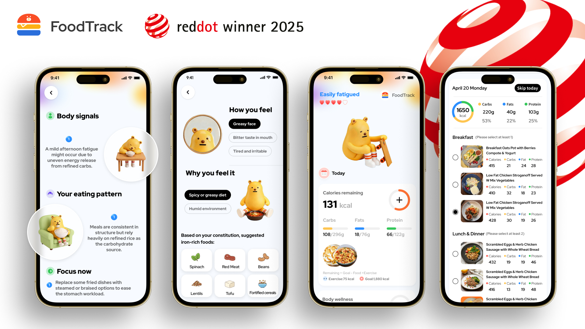 FoodTrack app screens showing body signals, eating patterns and personalized food guidance — Red Dot Winner 2025