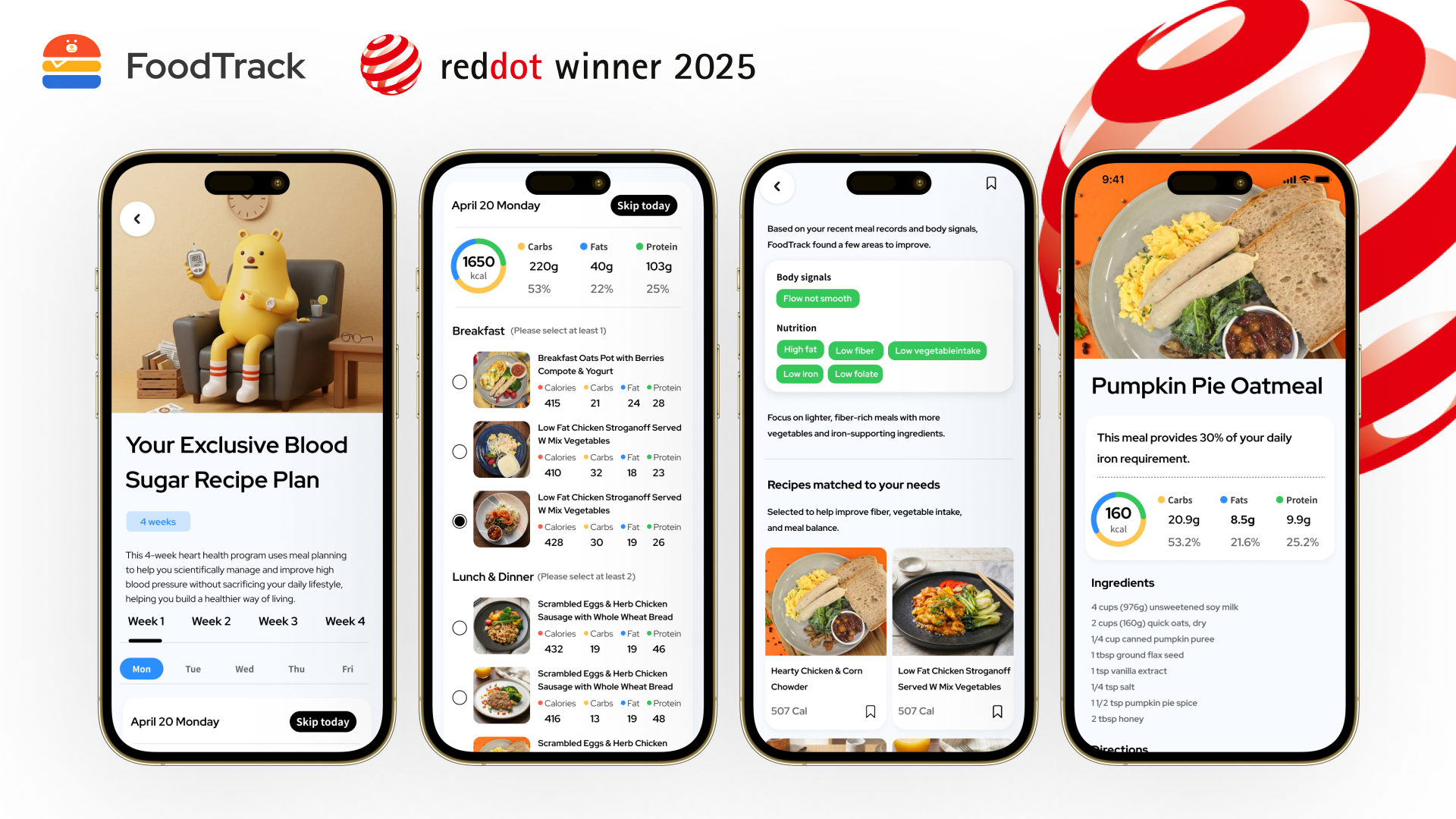 FoodTrack app showing exclusive recipe plan, daily meal selection, body signals analysis and detailed recipe — Red Dot Winner 2025